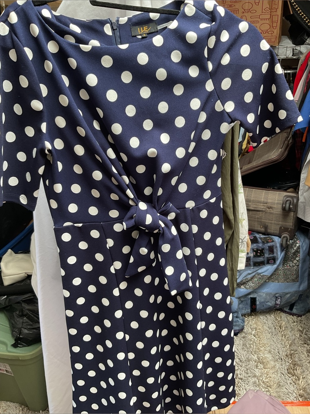 I LE Navy Polka Dot Tie-Waist Dress